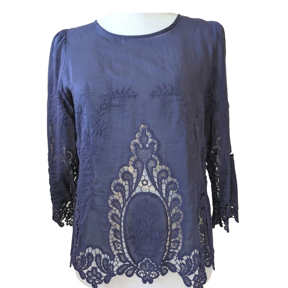 Dolce Vita Silk Cotton Lace Embroidered Button Back Blouse Navy Blue Sz Small